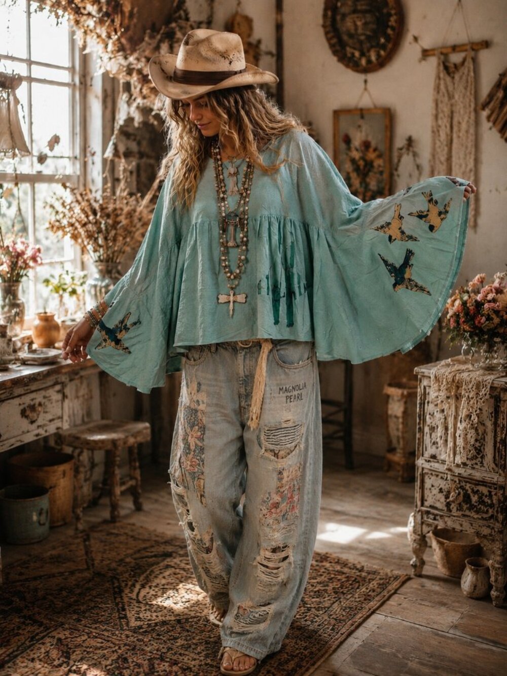 A RARE BIRD Fly To The Stars Cotton Shirt OS Boho
